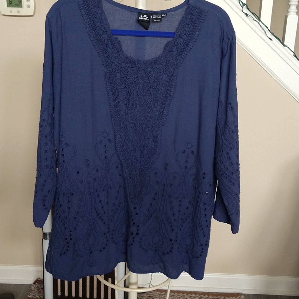 S.R. FASHION Navy Cotton Lace and Embroidered Tunic 3/4 Sleeves SZ XXL